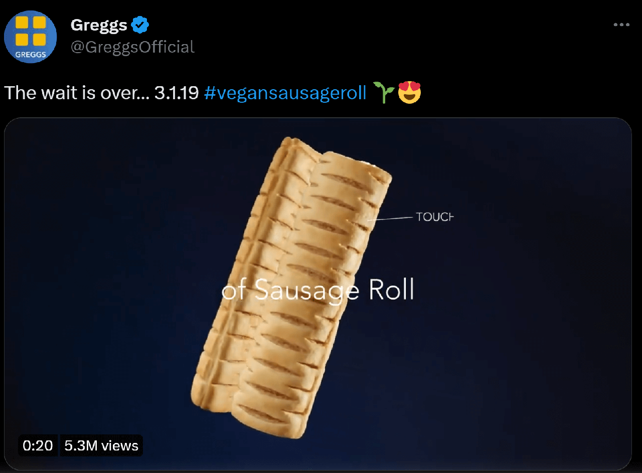 Image showing a tweet of Greggs Official's campaign on Vegan Sausage Roll.