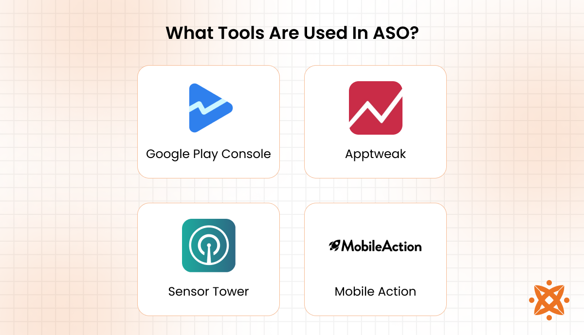 ASO tools like Sensor Tower, App Annie, Mobile Action, and keyword tracking platforms for app store optimisation
