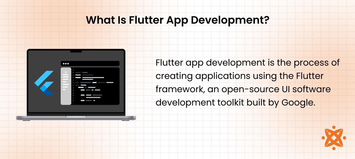 Flutter app development definition with frameworks, tools, and cross-platform development process using Dart