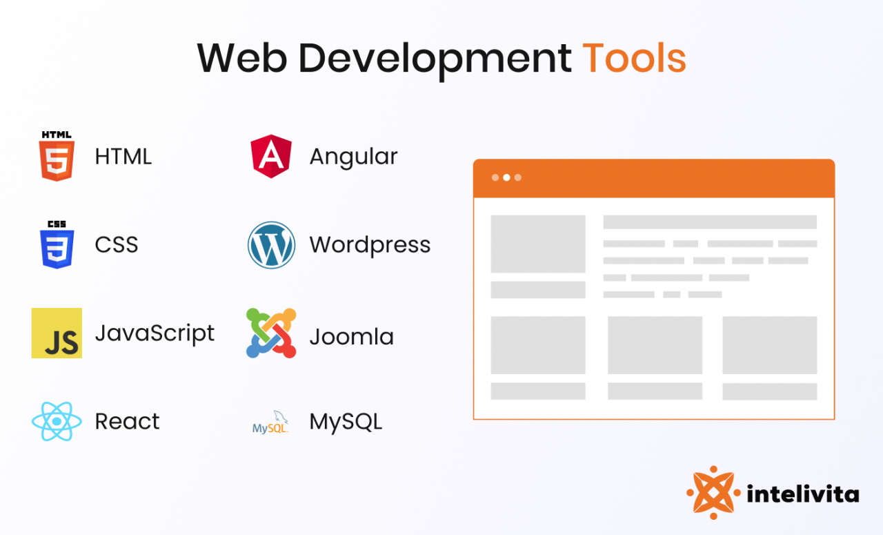 Web dev tools: HTML, CSS, JS, Angular, React, WordPress