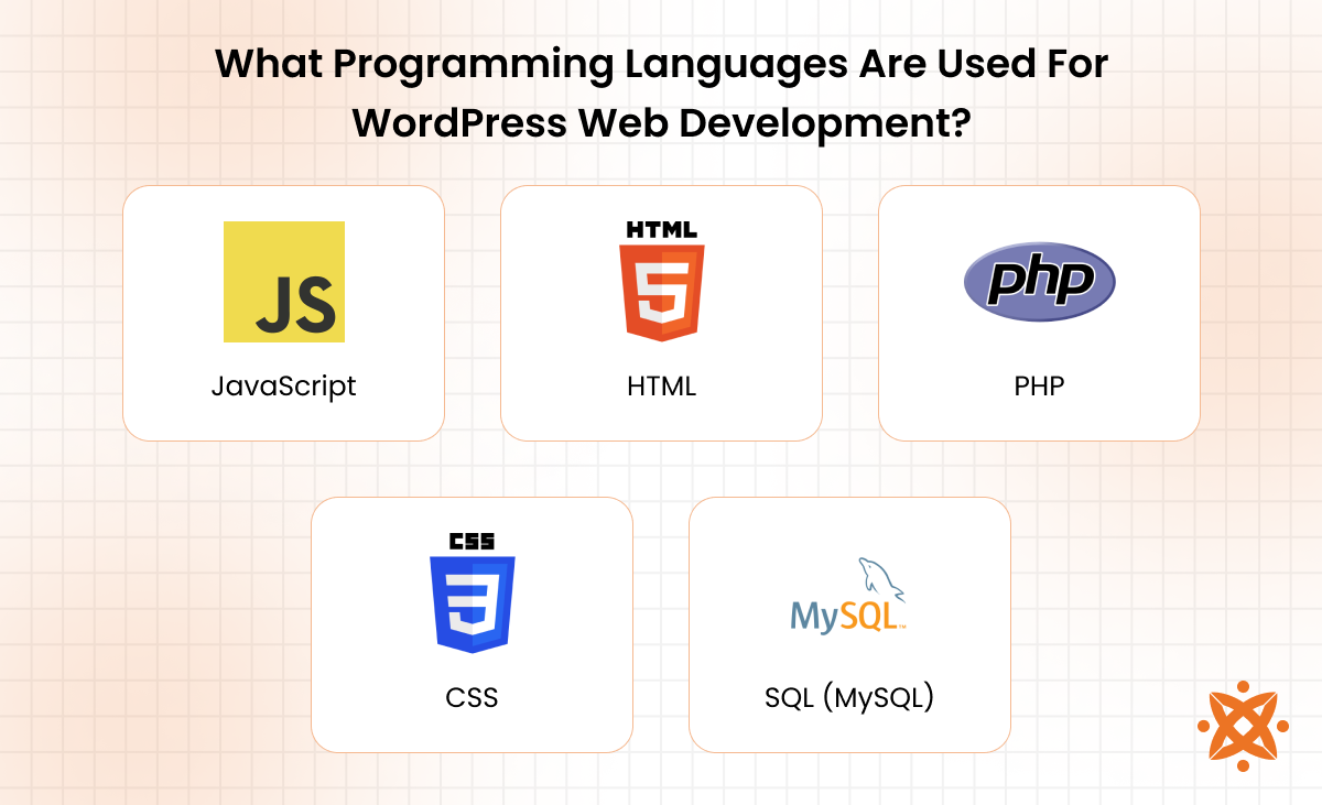Programming languages used in WordPress web development including PHP, HTML, and JavaScript